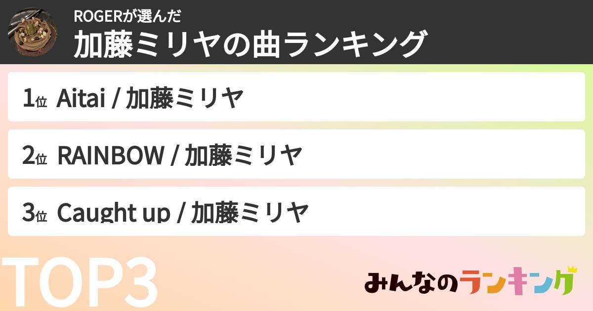 ROGERさんの「加藤ミリヤの曲ランキング」