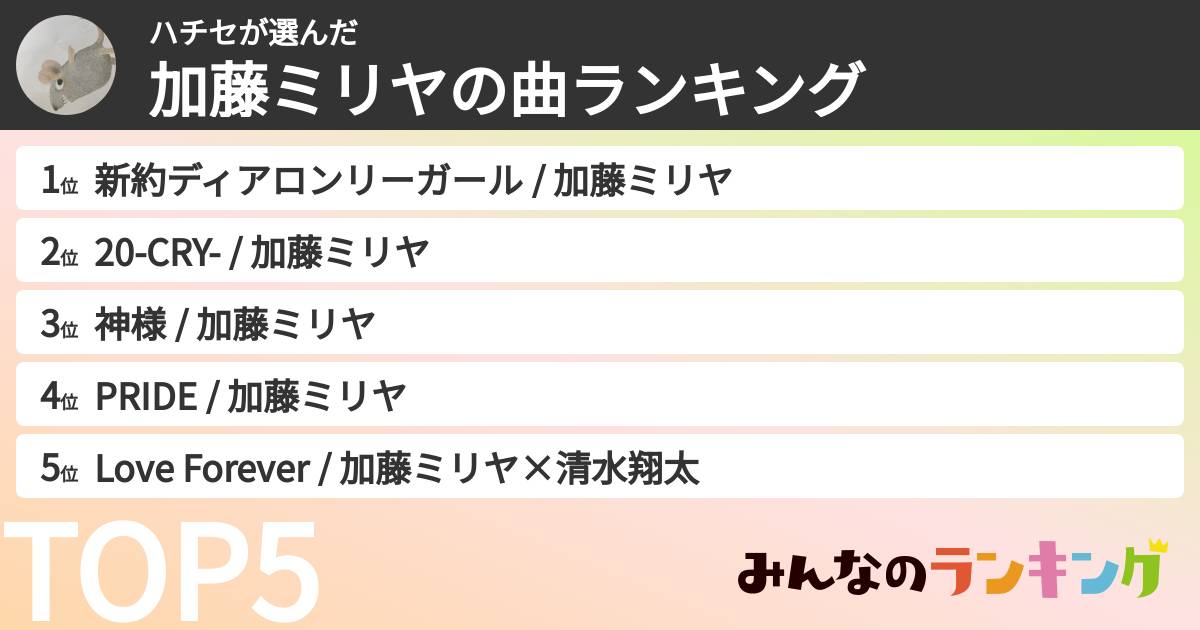 ハチセさんの「加藤ミリヤの曲ランキング」