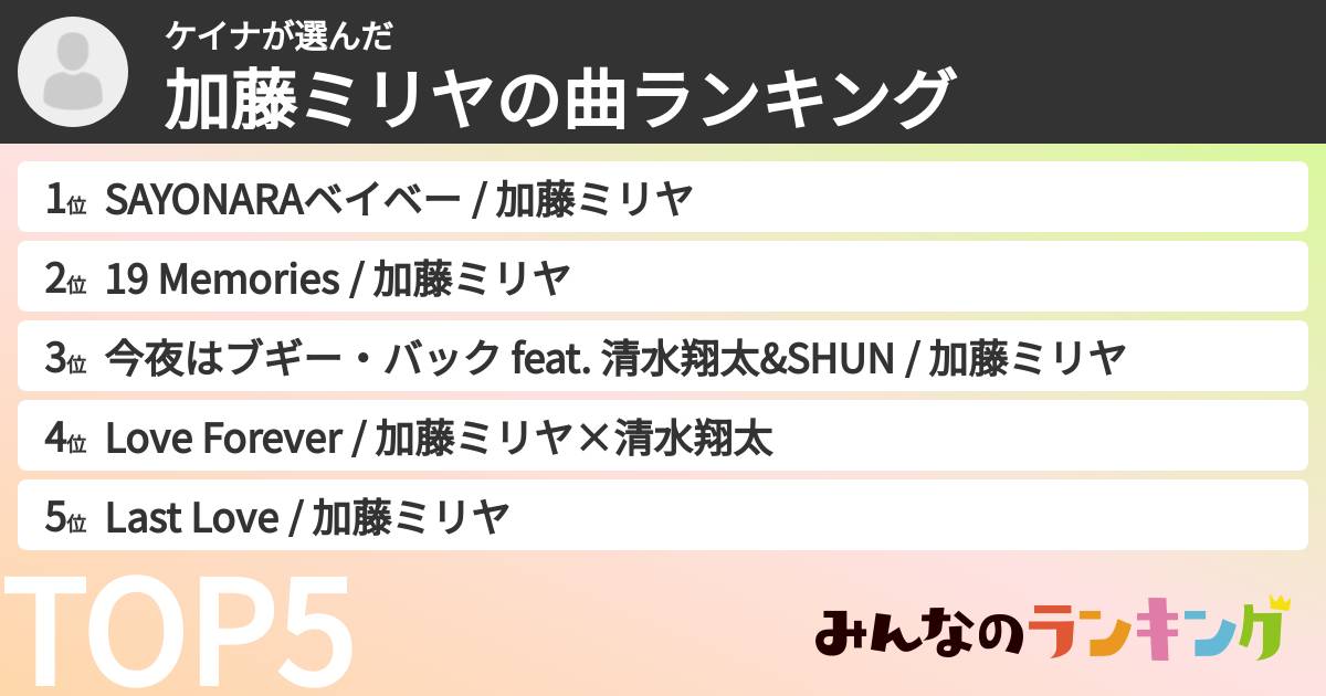 ケイナさんの「加藤ミリヤの曲ランキング」