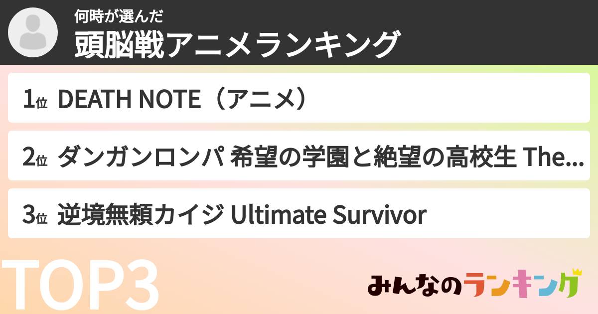 何時さんの「頭脳戦アニメランキング」