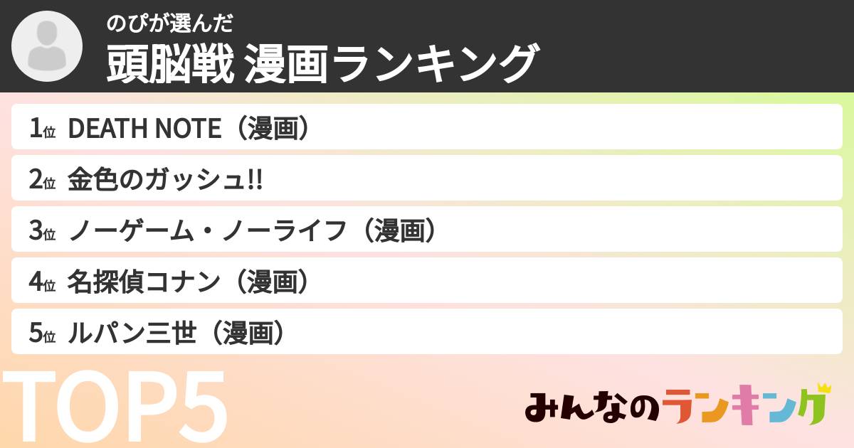 のぴさんの「頭脳戦 漫画ランキング」