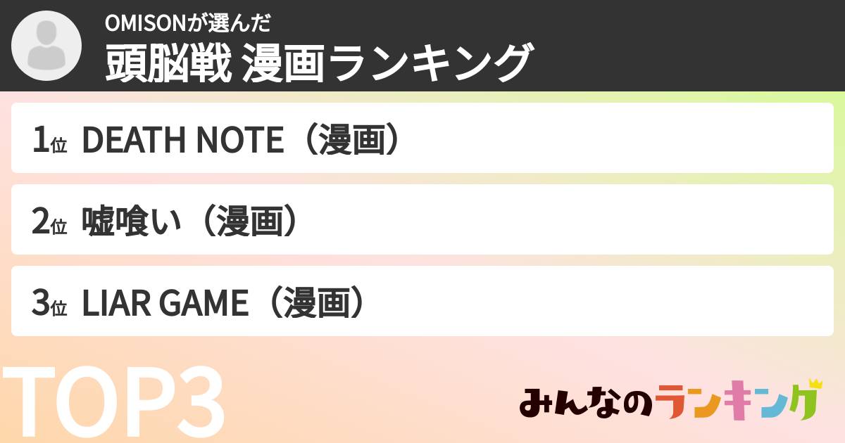 OMISONさんの「頭脳戦 漫画ランキング」