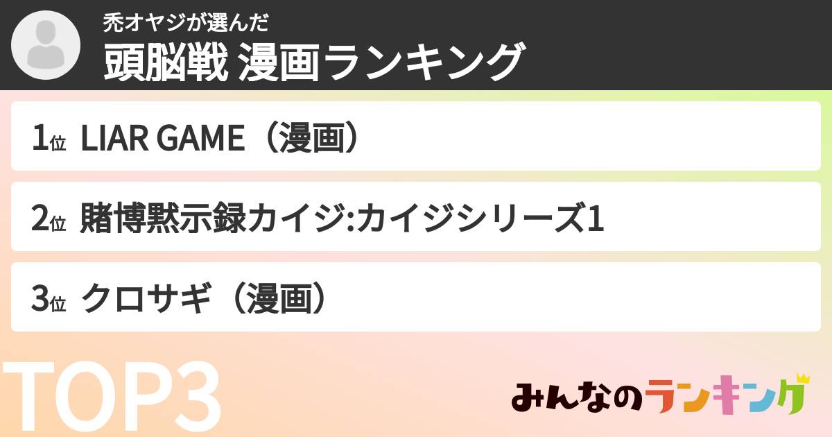 禿オヤジさんの「頭脳戦 漫画ランキング」