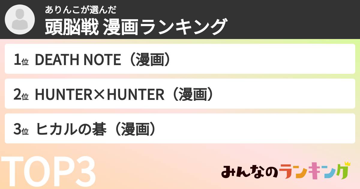 ありんこさんの「頭脳戦 漫画ランキング」