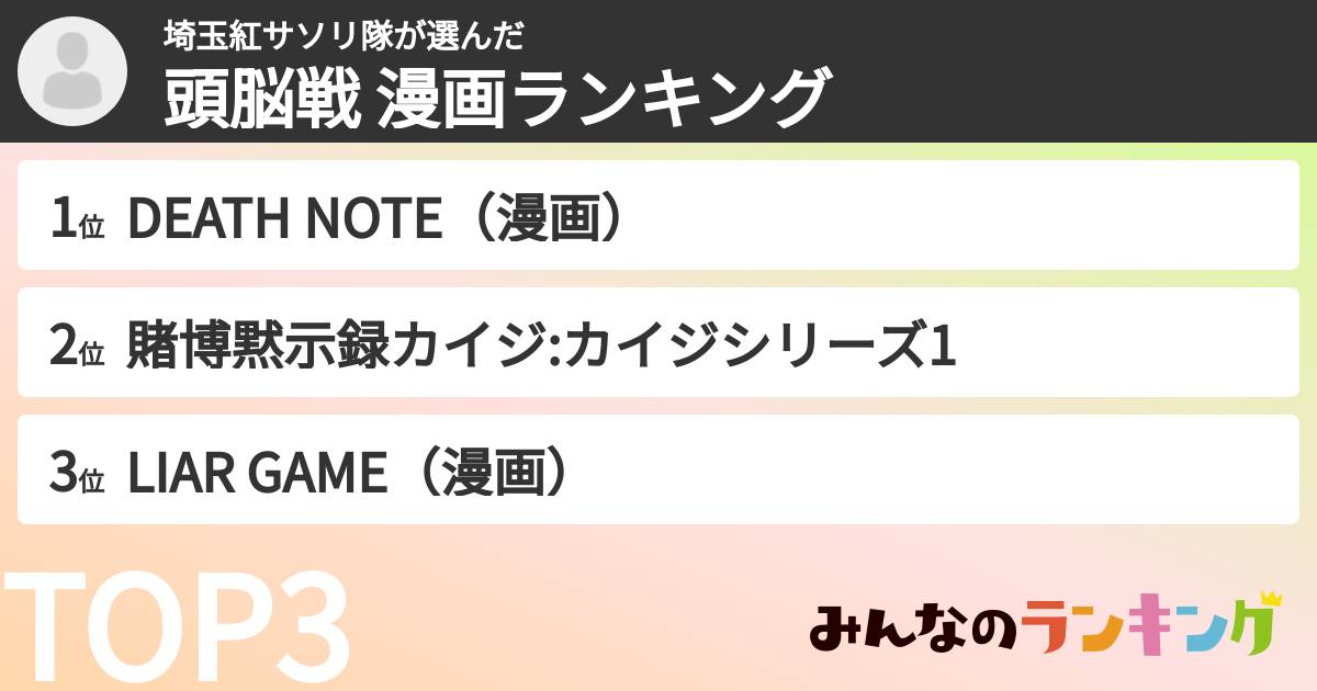 埼玉紅サソリ隊さんの「頭脳戦 漫画ランキング」