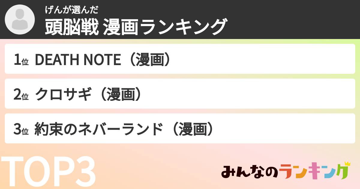 げんさんの「頭脳戦 漫画ランキング」