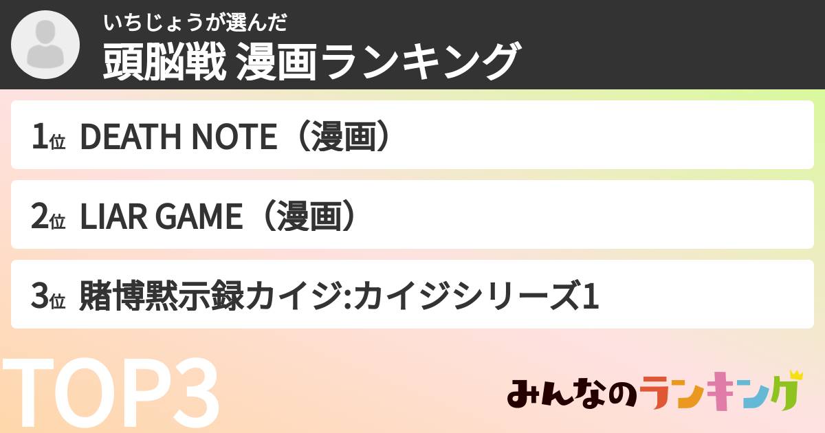 いちじょうさんの「頭脳戦 漫画ランキング」