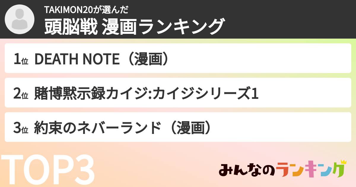 TAKIMON20さんの「頭脳戦 漫画ランキング」