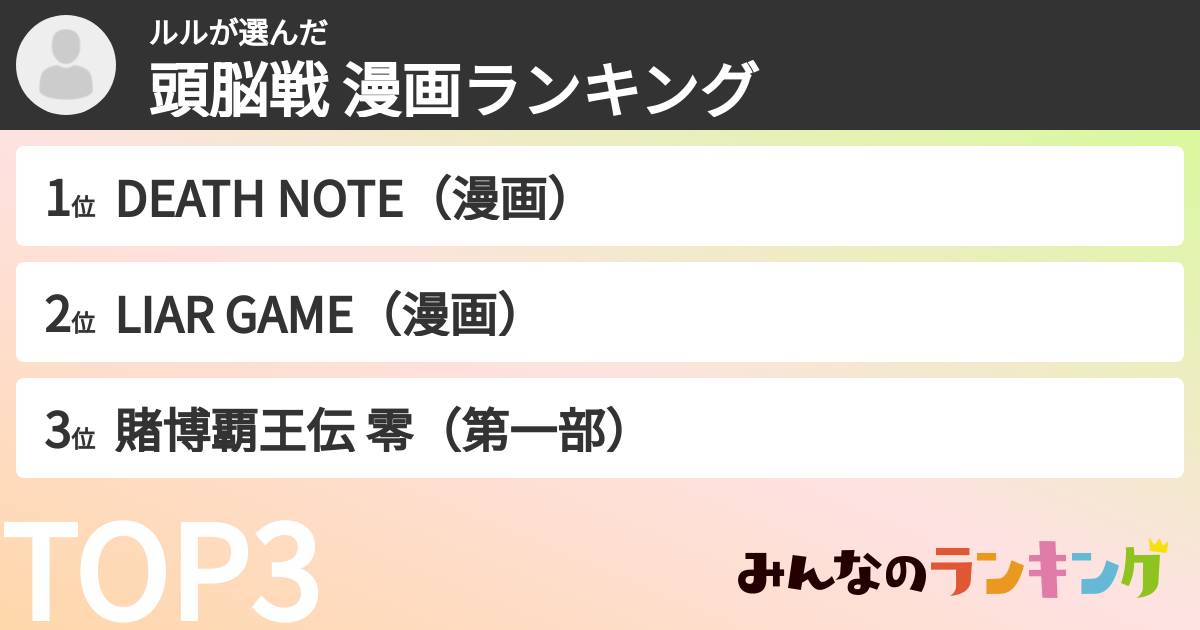 ルルさんの「頭脳戦 漫画ランキング」