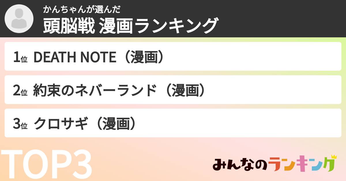 かんちゃんさんの「頭脳戦 漫画ランキング」