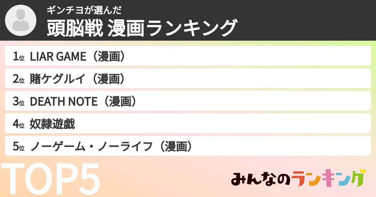 ギンチヨさんの「頭脳戦 漫画ランキング」