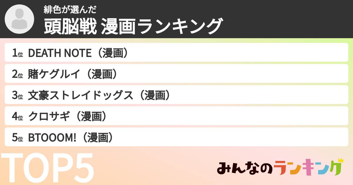 緋色さんの「頭脳戦 漫画ランキング」