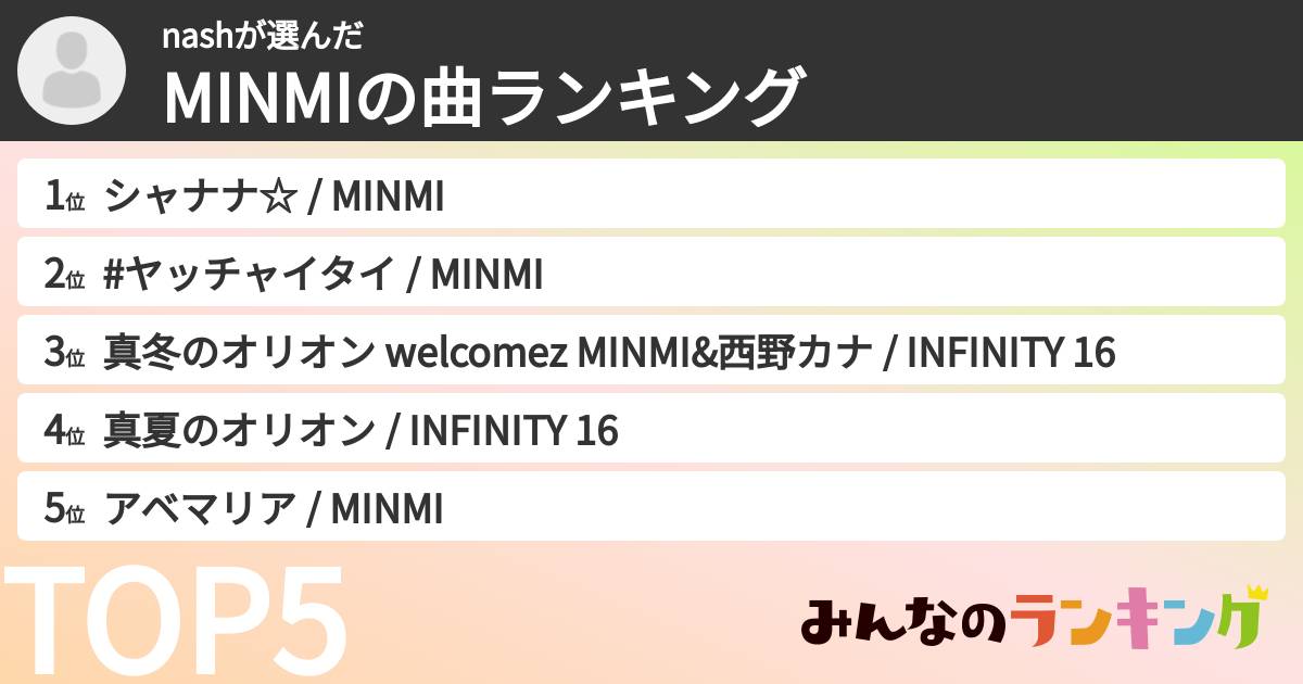 nashさんの「MINMIの曲ランキング」