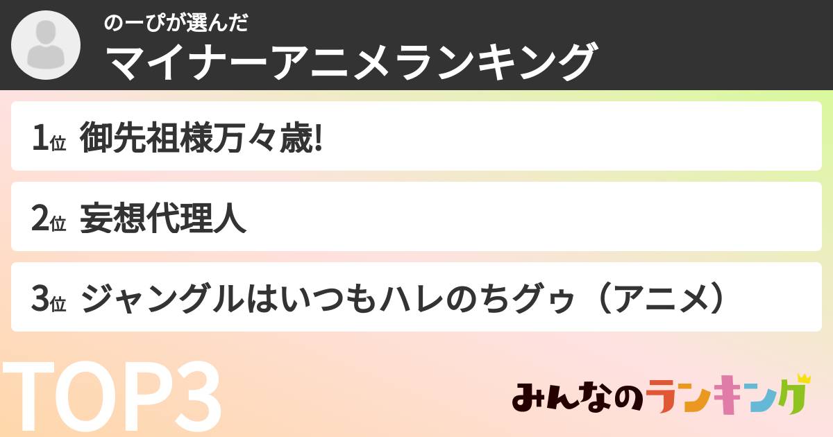 のーぴさんの「マイナーアニメランキング」