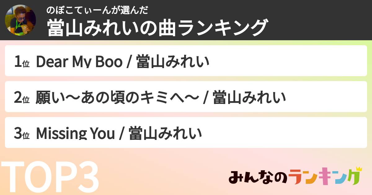 のぼこてぃーんさんの「當山みれいの曲ランキング」