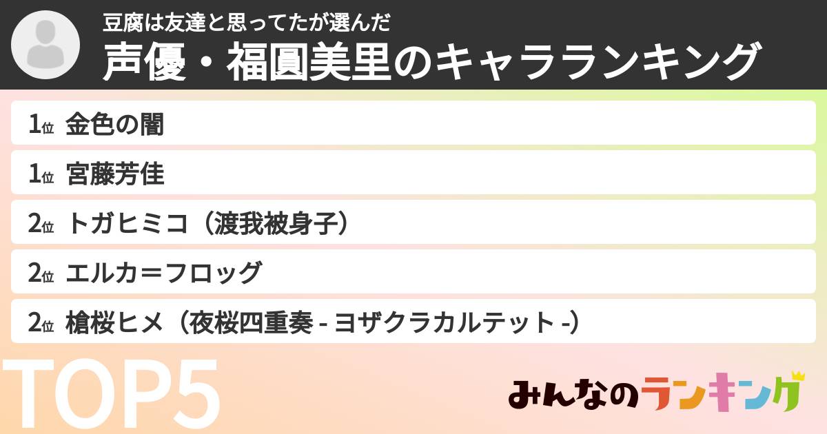 豆腐は友達と思ってたさんの「声優・福圓美里のキャラランキング」