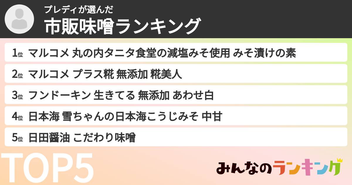 プレディさんの「市販味噌ランキング」