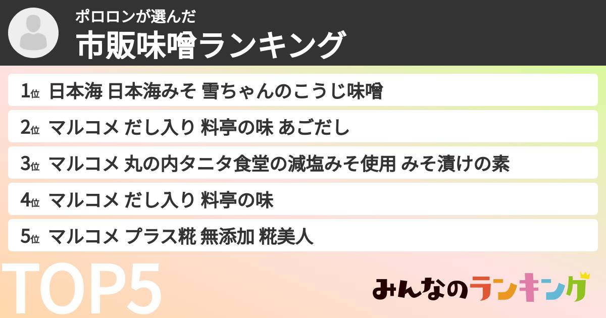 ポロロンさんの「市販味噌ランキング」