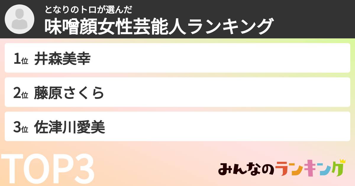 となりのトロさんの「味噌顔女性芸能人ランキング」