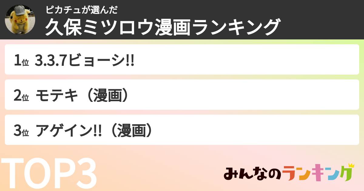 ピカチュさんの「久保ミツロウ漫画ランキング」