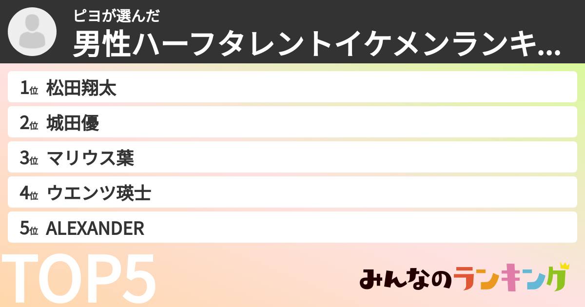 ピヨさんの「男性ハーフタレントイケメンランキング」