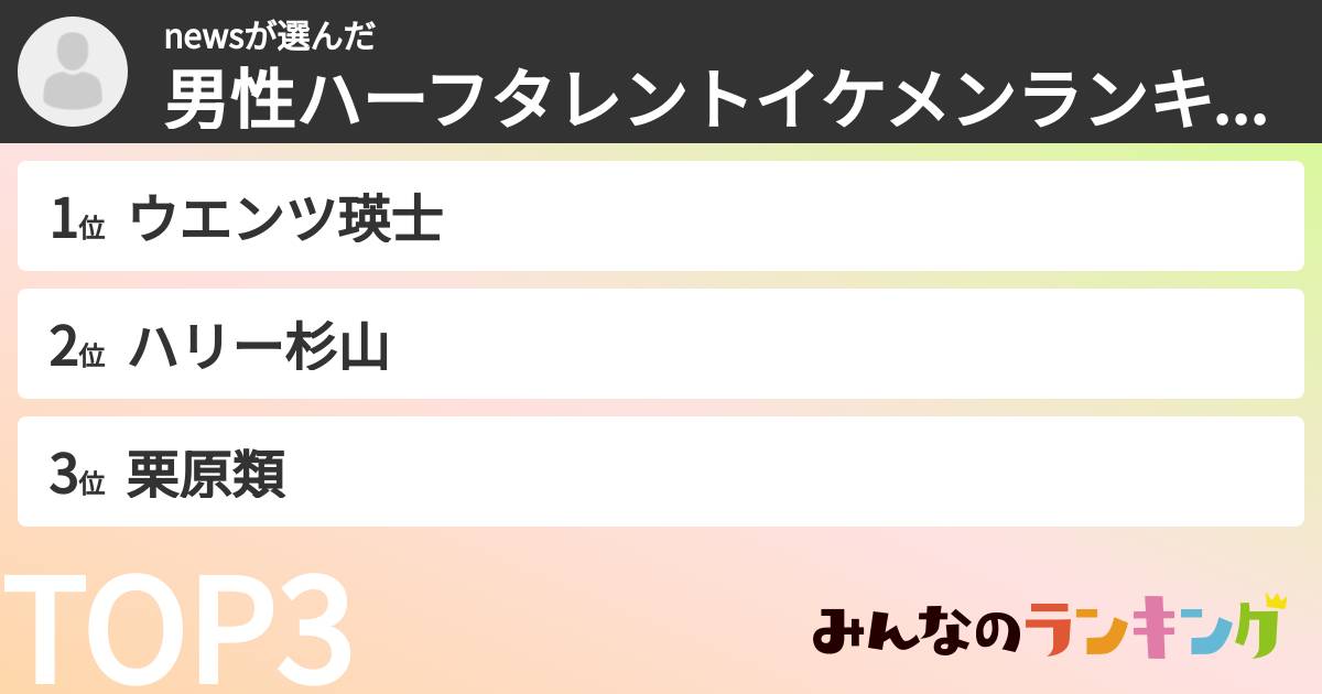 newsさんの「男性ハーフタレントイケメンランキング」