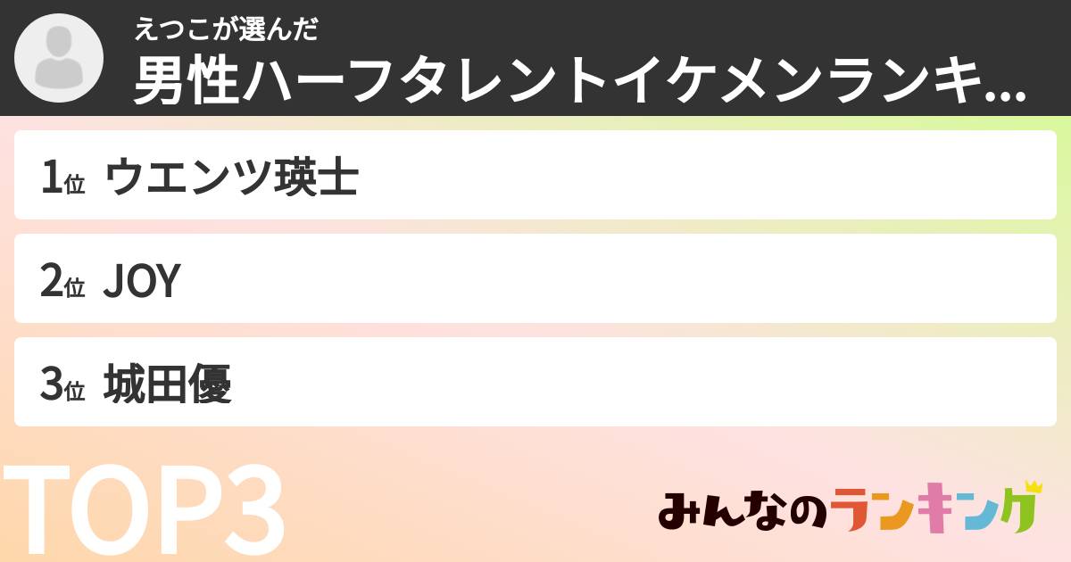 えつこさんの「男性ハーフタレントイケメンランキング」