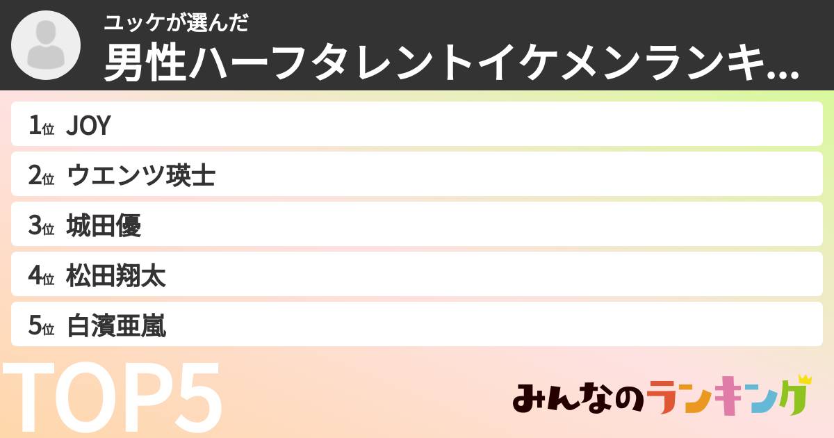 ユッケさんの「男性ハーフタレントイケメンランキング」
