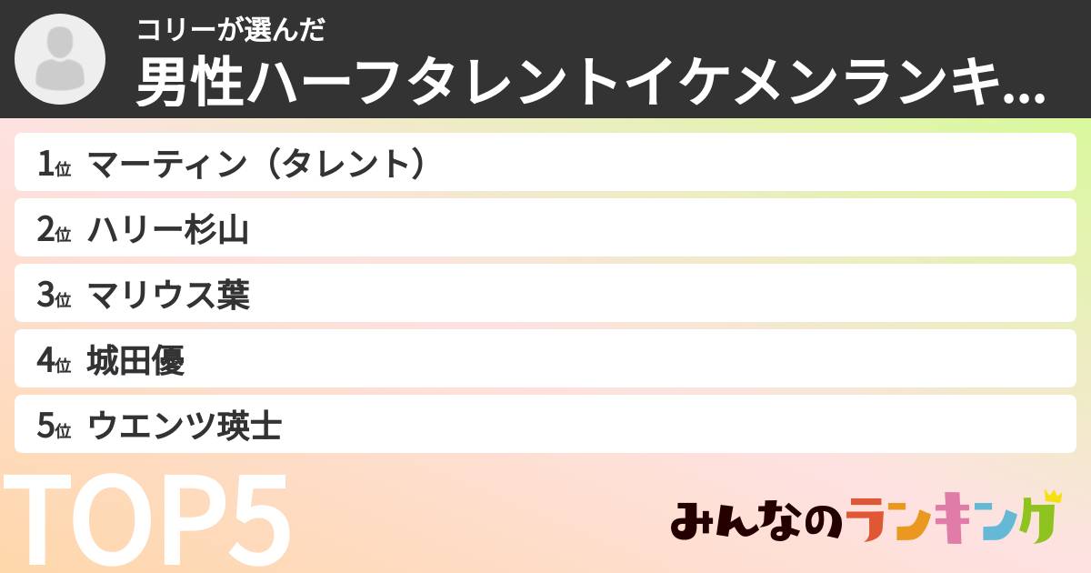 コリーさんの「男性ハーフタレントイケメンランキング」