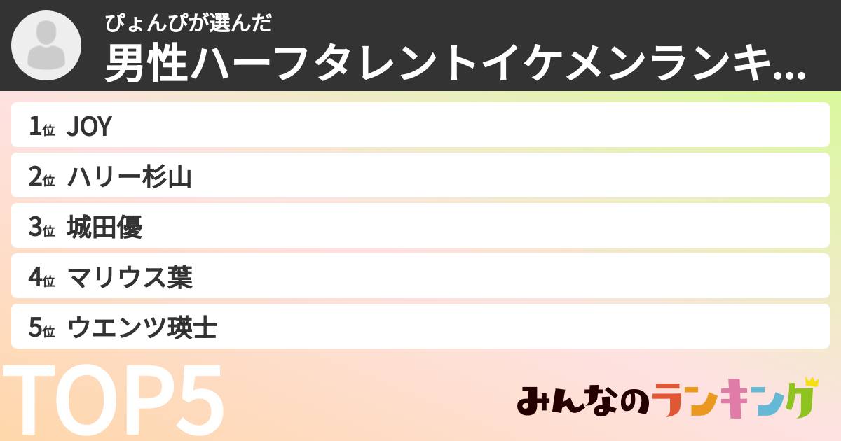 ぴょんぴさんの「男性ハーフタレントイケメンランキング」