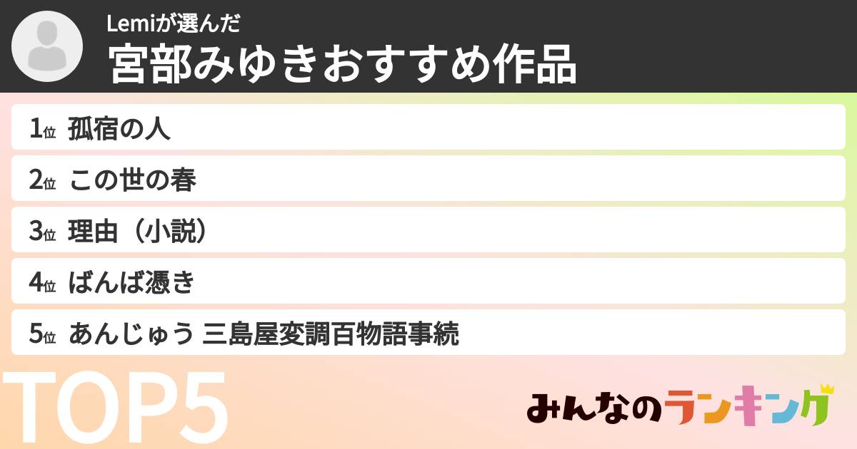 Lemiさんの「宮部みゆきおすすめ作品」