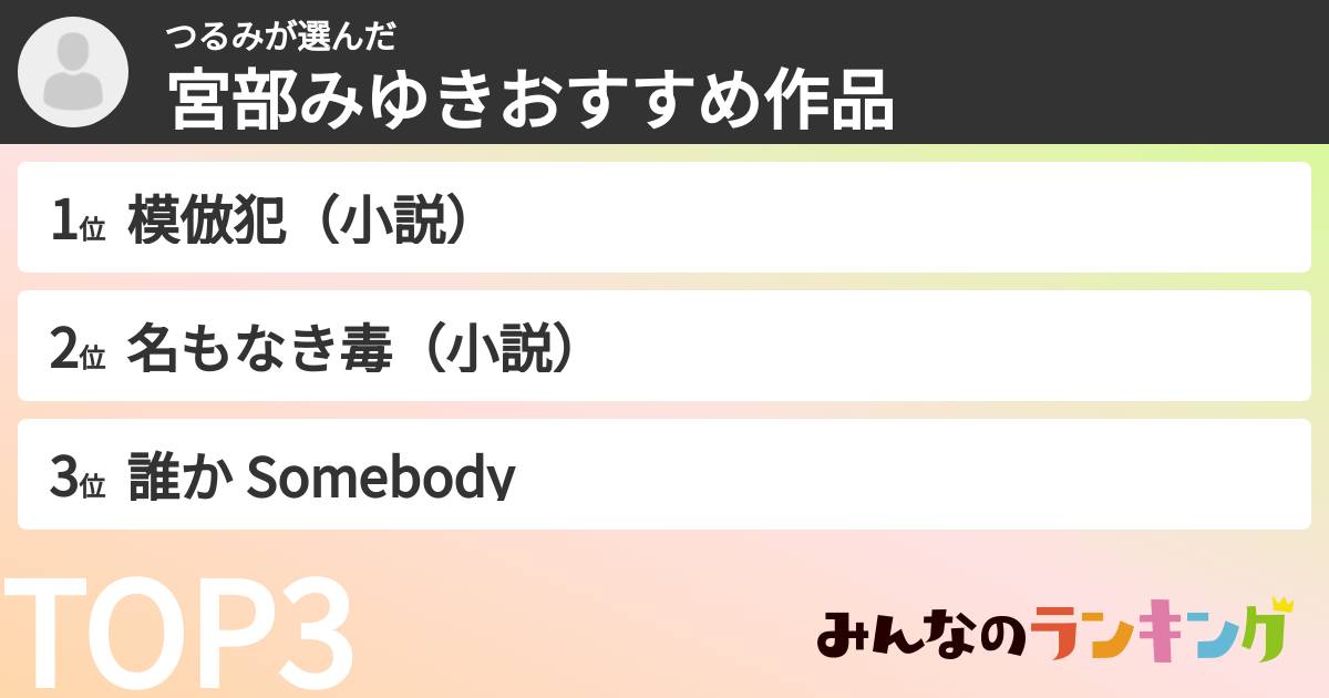 つるみさんの「宮部みゆきおすすめ作品」