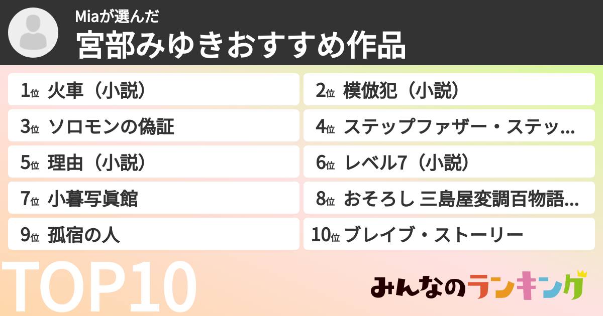 Miaさんの「宮部みゆきおすすめ作品」