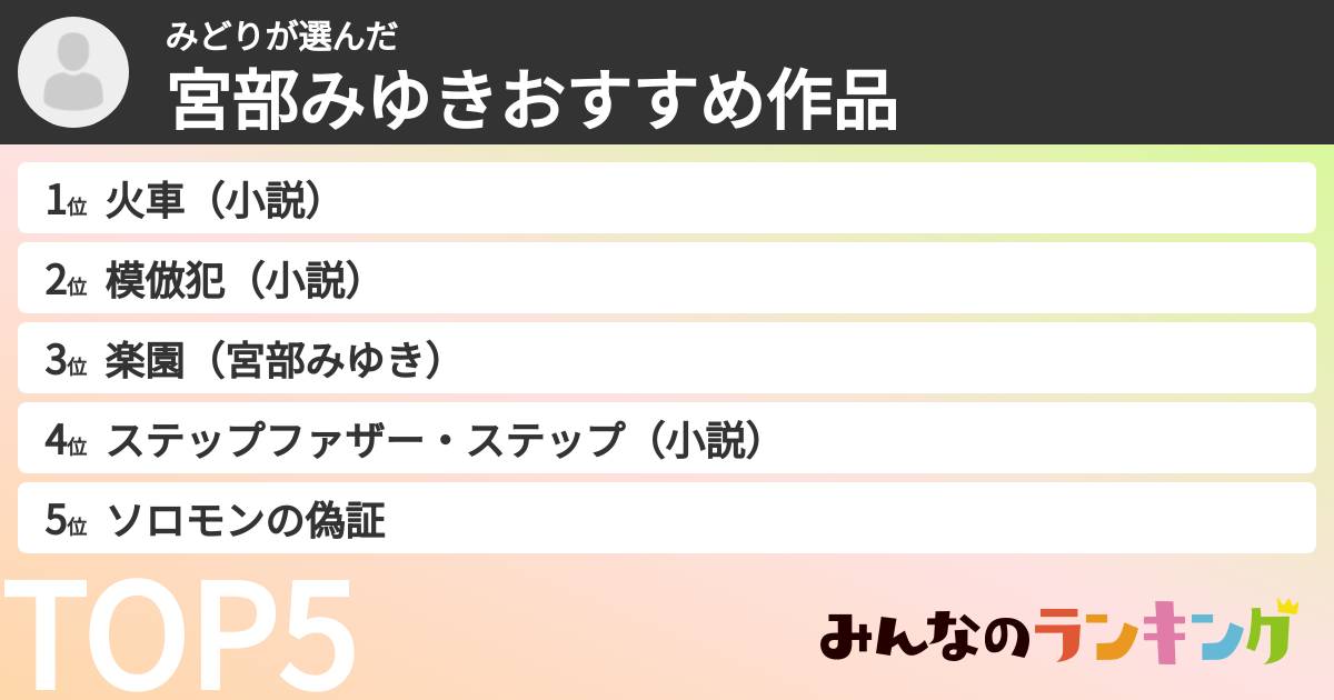 みどりさんの「宮部みゆきおすすめ作品」