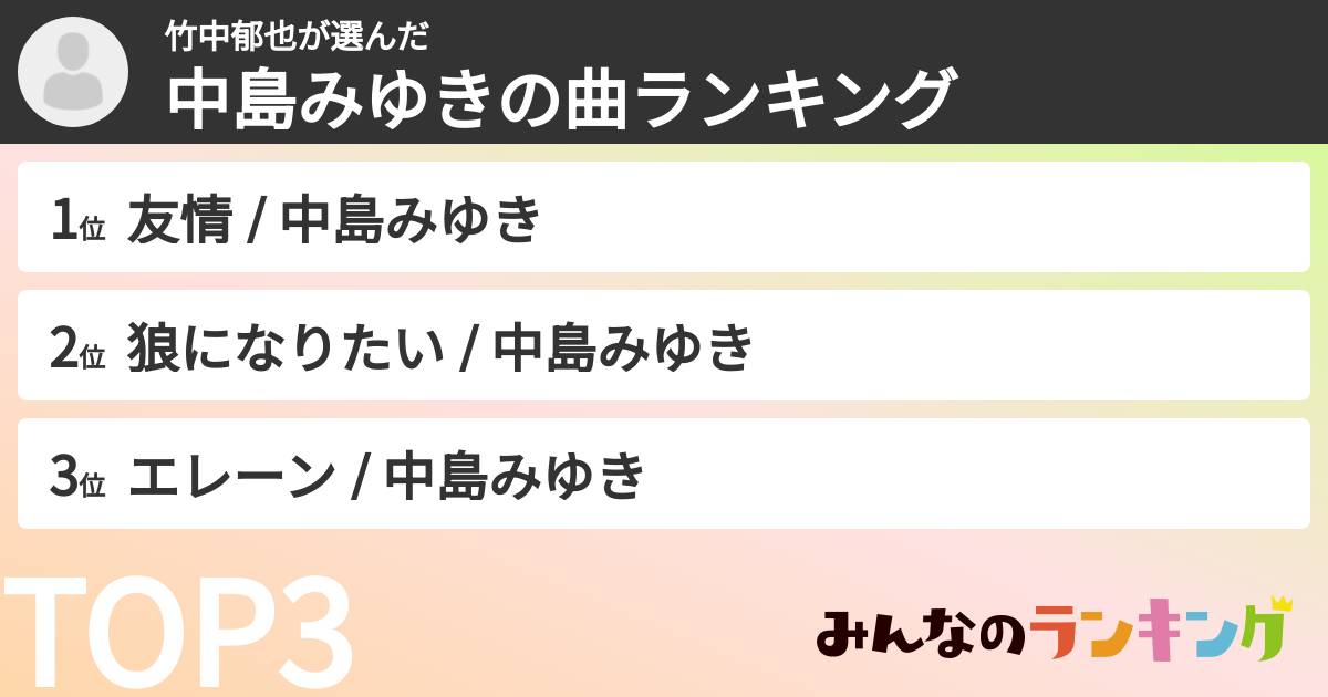 竹中郁也さんの「中島みゆきの曲ランキング」