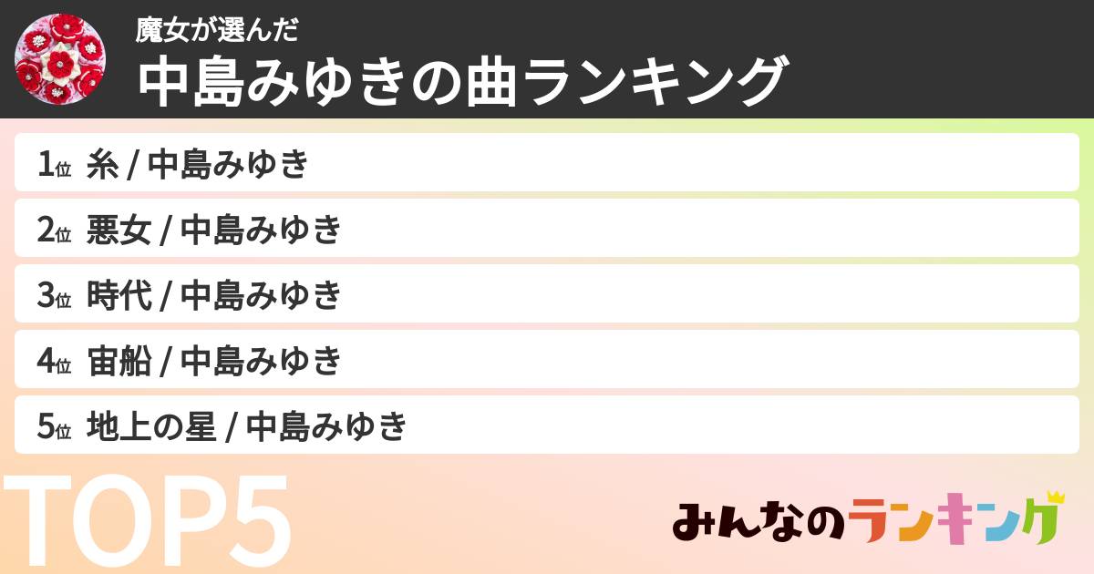 魔女さんの「中島みゆきの曲ランキング」