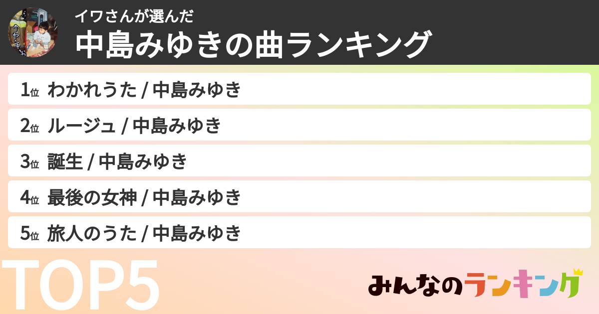 イワさんさんの「中島みゆきの曲ランキング」