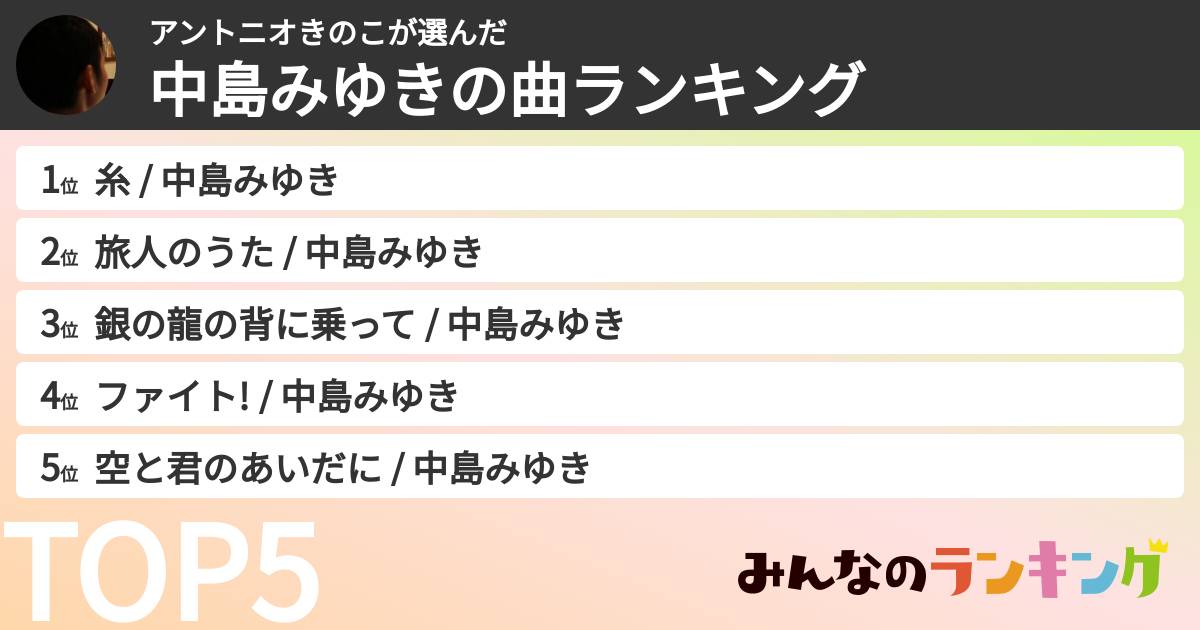 アントニオきのこさんの「中島みゆきの曲ランキング」