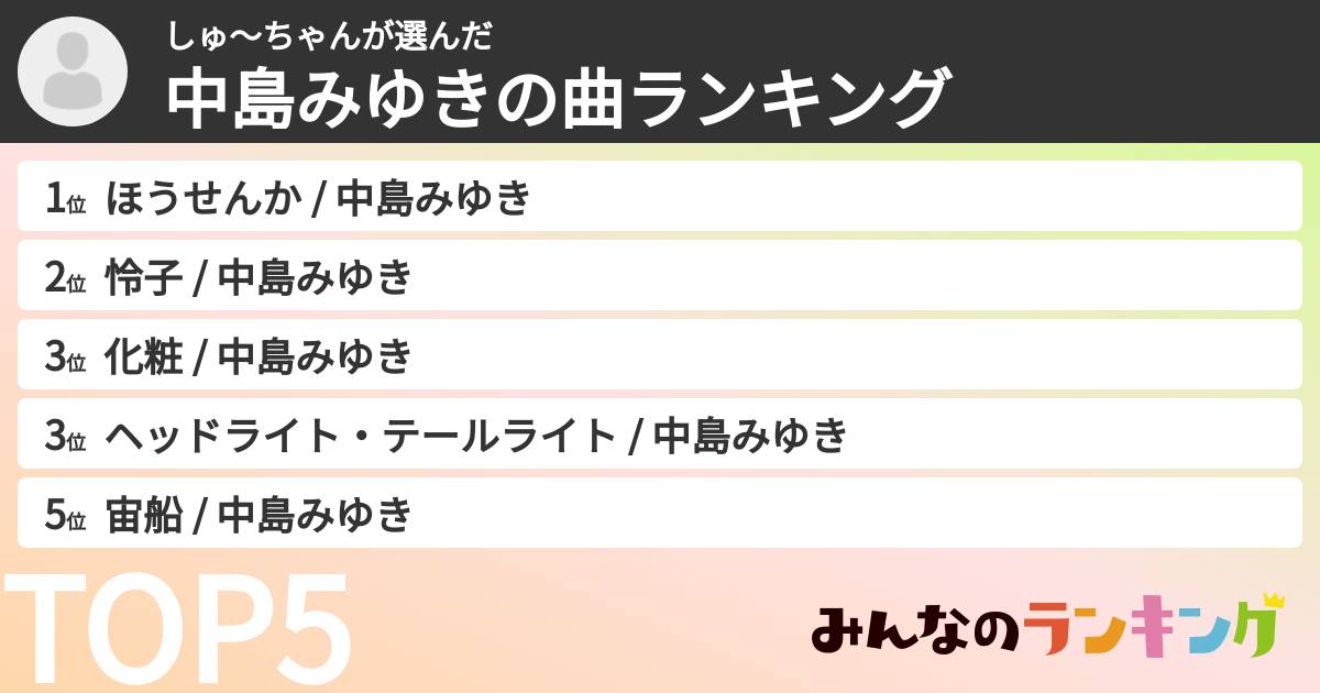 しゅ〜ちゃんさんの「中島みゆきの曲ランキング」
