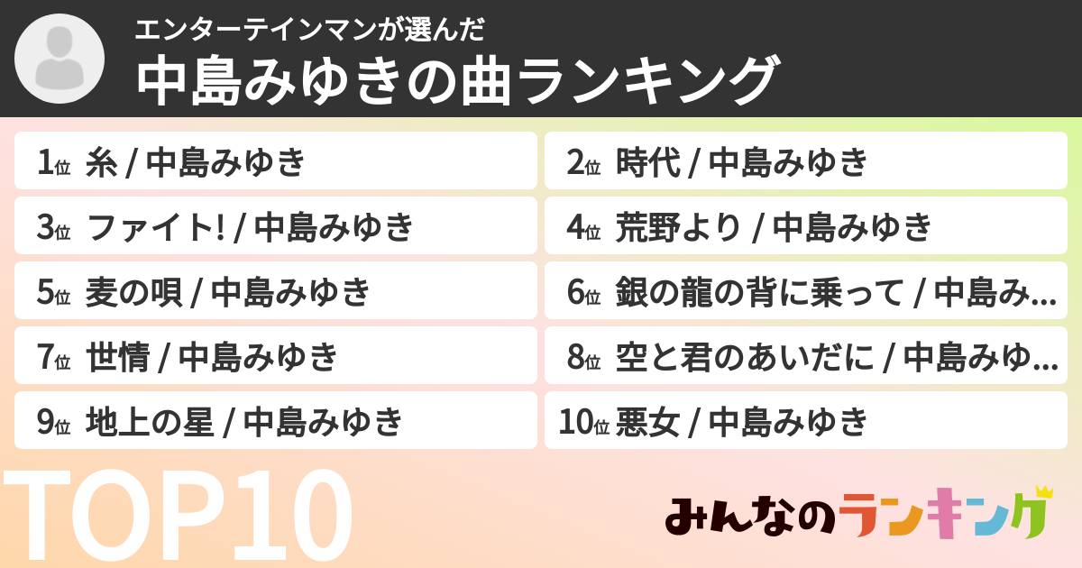 エンターテインマンさんの「中島みゆきの曲ランキング」