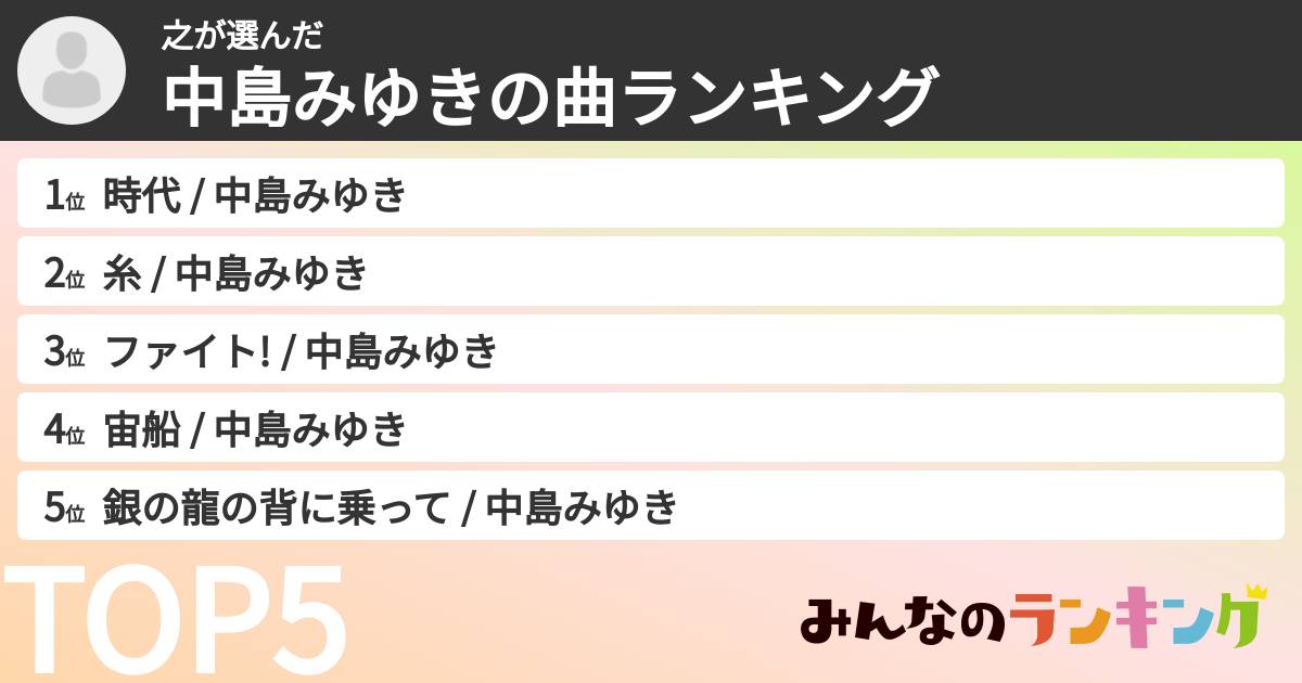 之さんの「中島みゆきの曲ランキング」