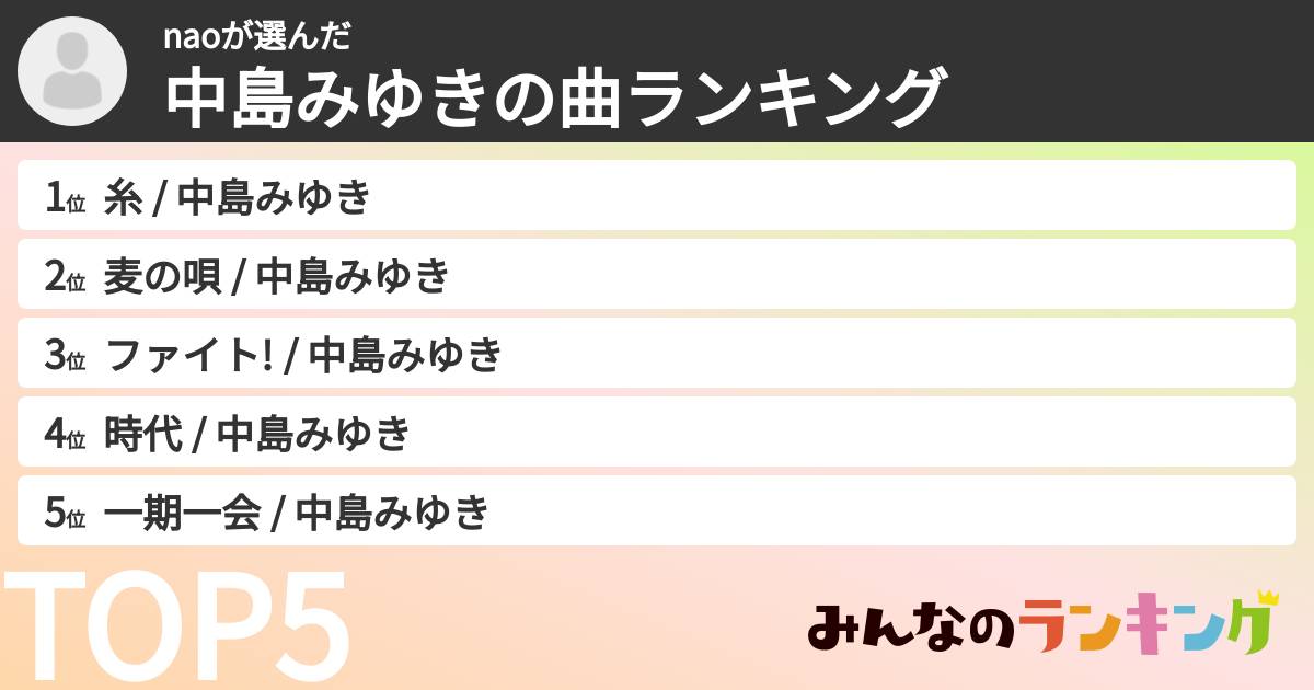 naoさんの「中島みゆきの曲ランキング」