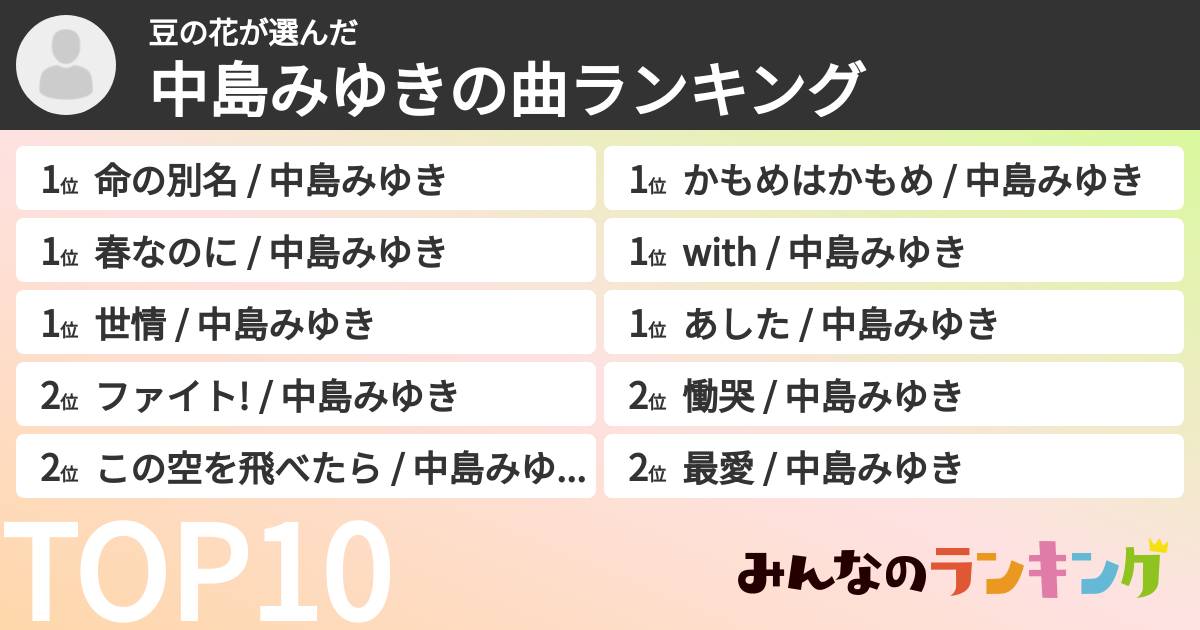 豆の花さんの「中島みゆきの曲ランキング」