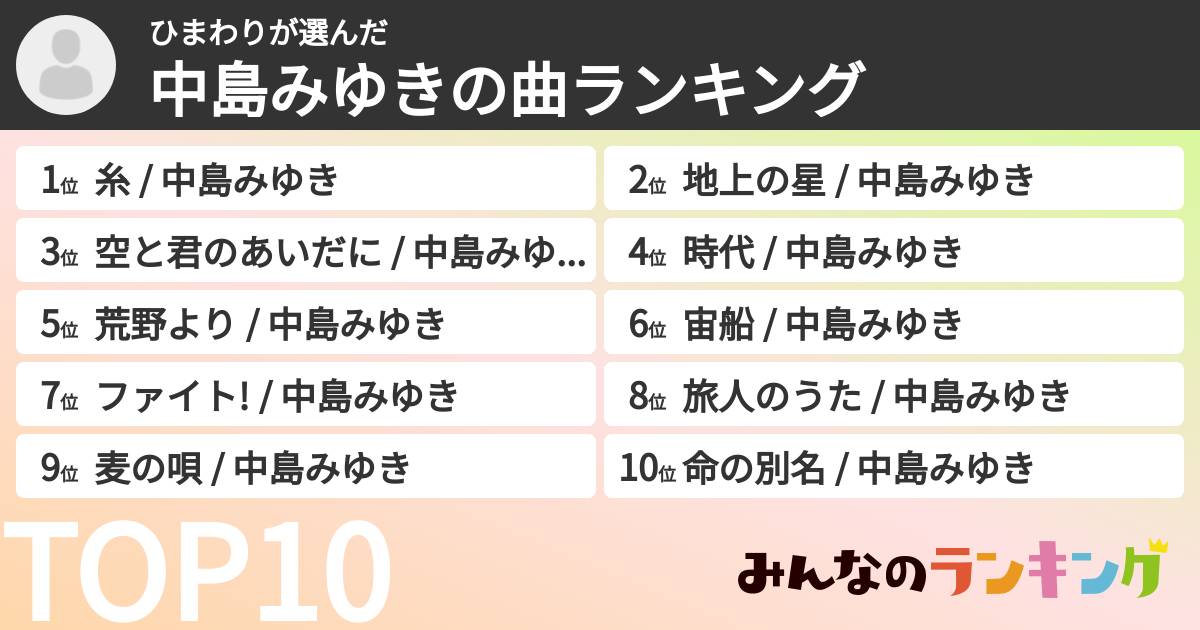 ひまわりさんの「中島みゆきの曲ランキング」
