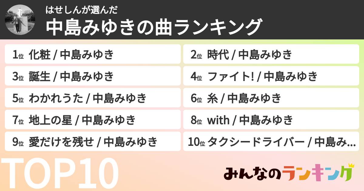 はせしんさんの「中島みゆきの曲ランキング」
