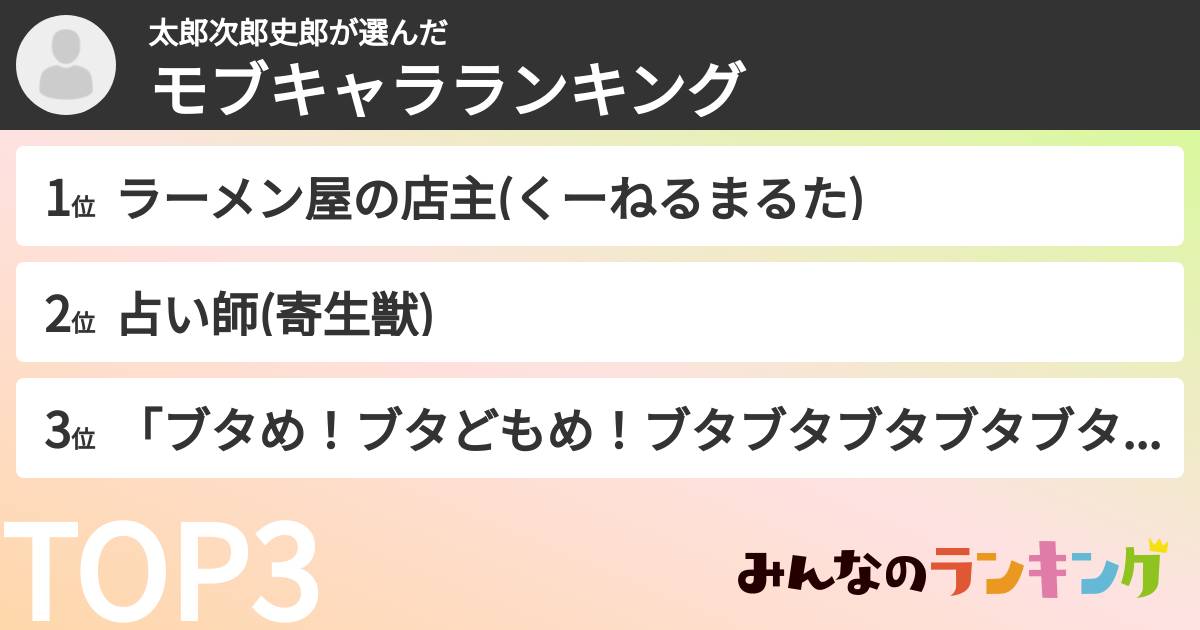 太郎次郎史郎さんの「モブキャラランキング」