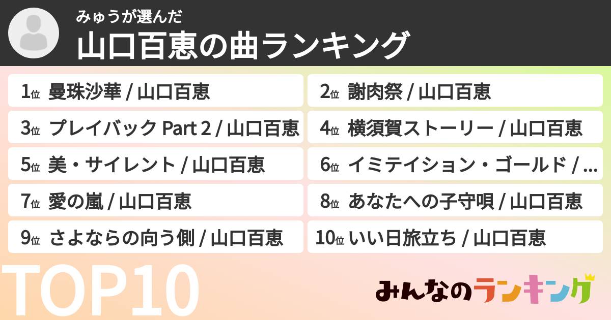 みゅうさんの「山口百恵の曲ランキング」