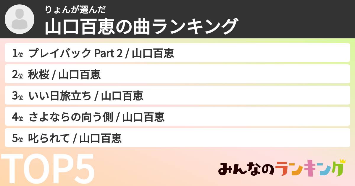 りょんさんの「山口百恵の曲ランキング」