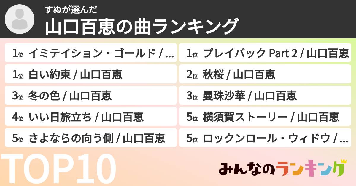 すぬさんの「山口百恵の曲ランキング」