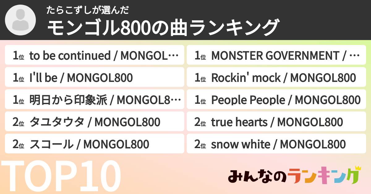 たらこずしさんの「モンゴル800の曲ランキング」